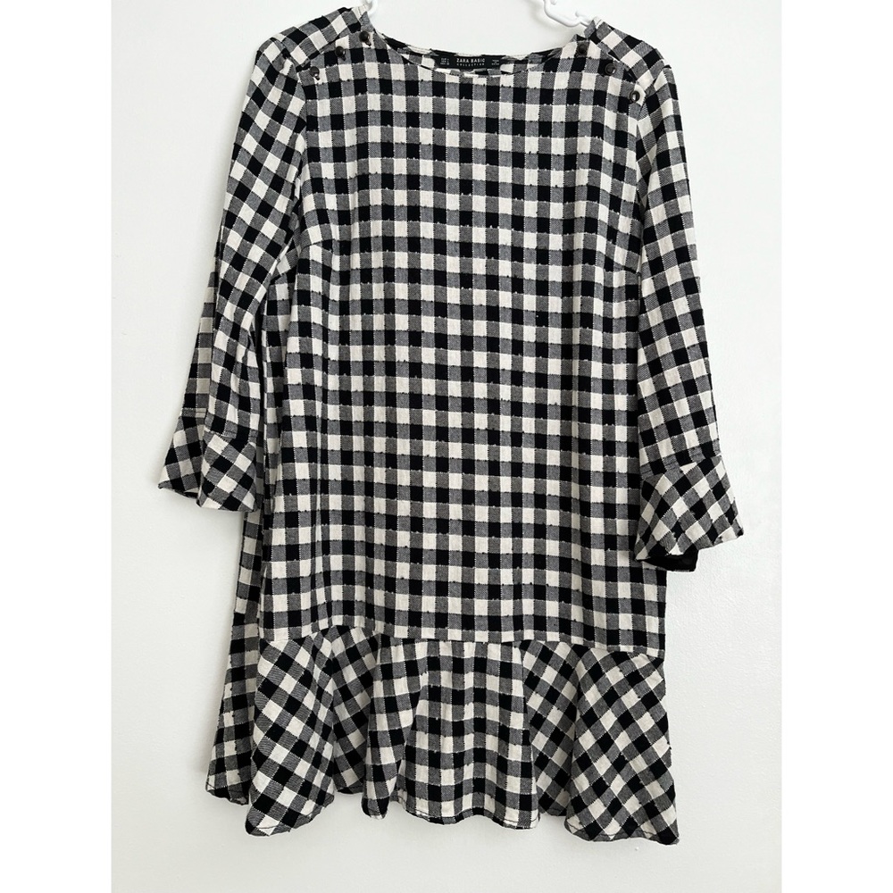 Zara Womens Black White Plaid Long Sleeve Collared Mini Dress Size L